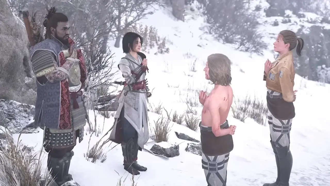 Ada and Gautwin giving 'Dedicate your heart' pose to Naoe and Yasuke in Assassin’s Creed Shadows Attack on Titan quest.