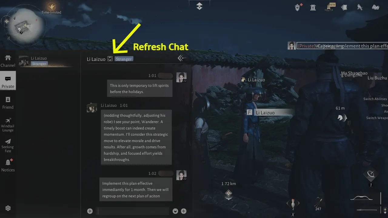 Befriend Li Laizuo -Refresh Chat icon marked