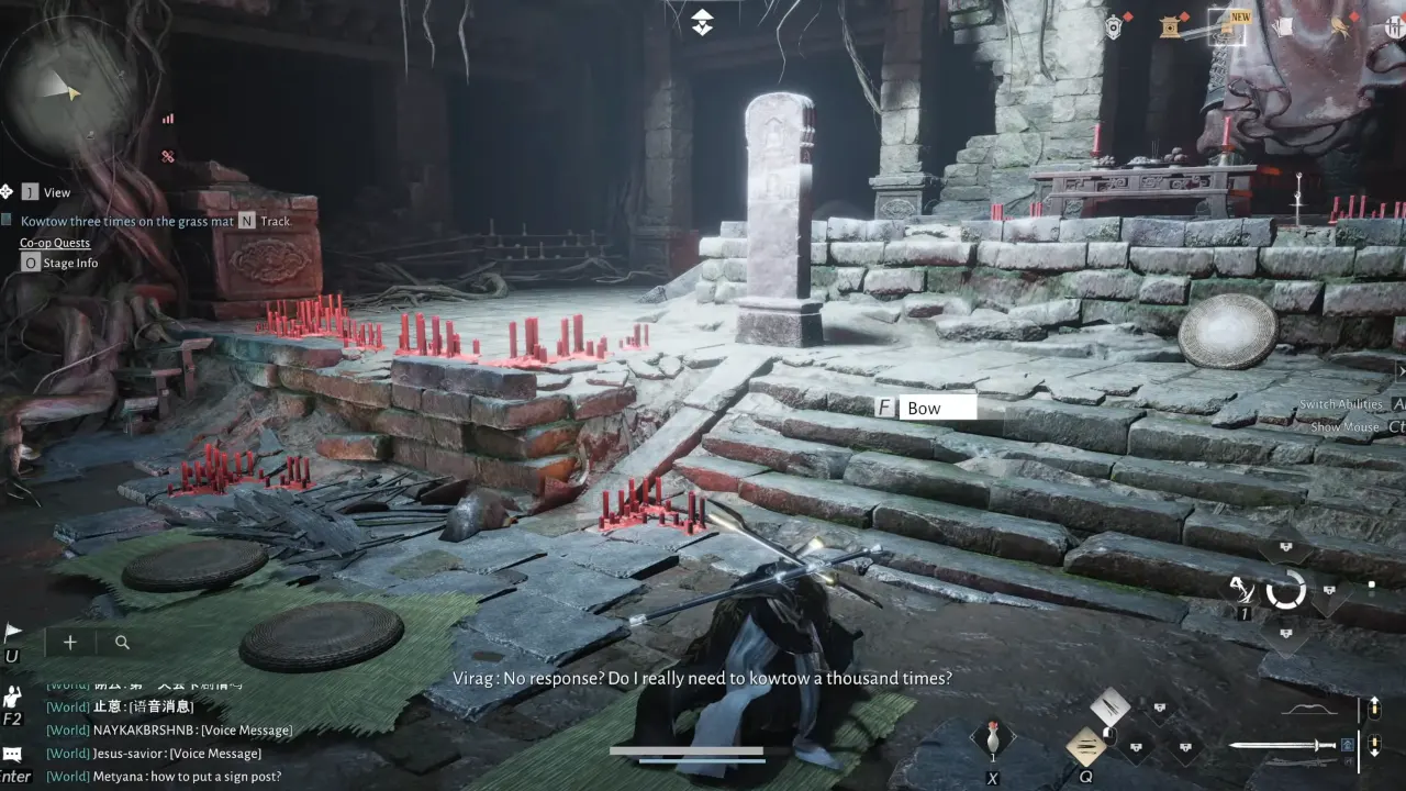 Character bowing in front of statue in Where Winds Meet