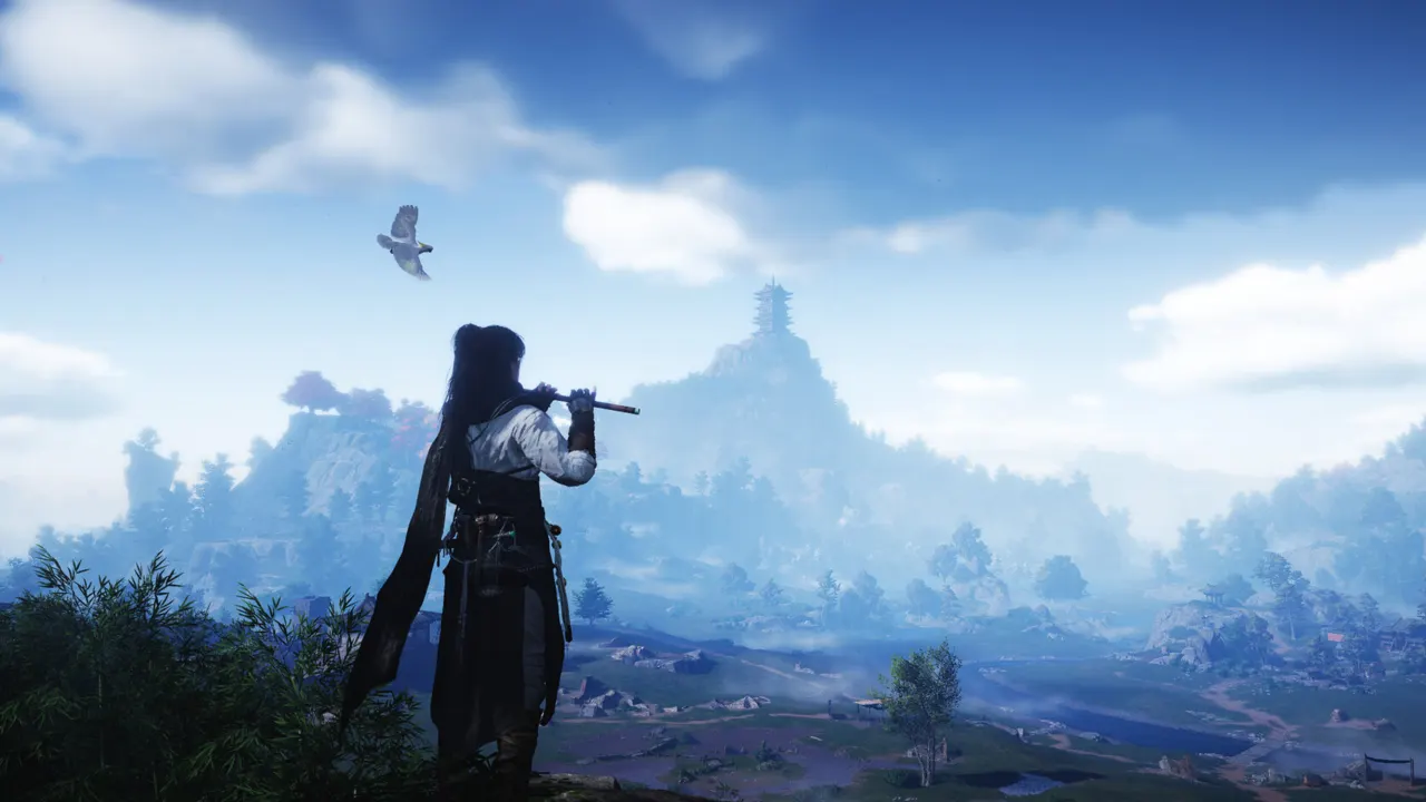 Protoganist character playing fluke while looking at wide open landscape in Where Winds Meet