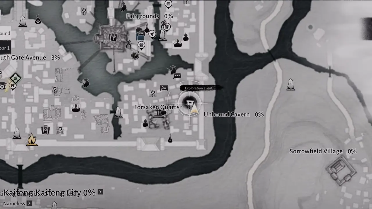 Where Winds Meet map shows marked location of Coffin Shop in Forsaken Quarter