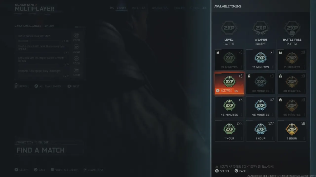 Black Ops 7 XP Tokens Screen