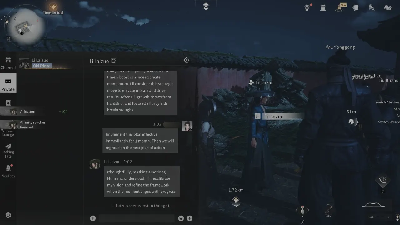 Screenshot of Li Laizuo AI Chat to befriend him in Where Winds Meet