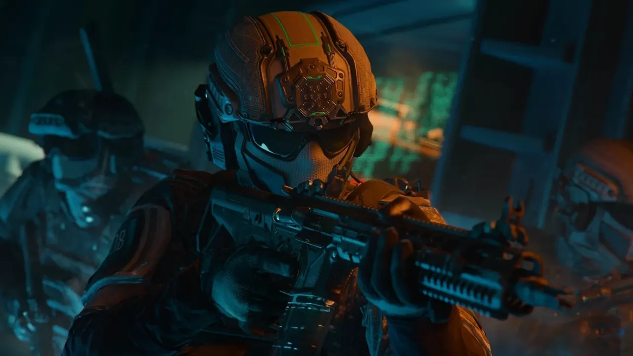 Black Ops 7 soldier closeup with gun in hand ready to shoot