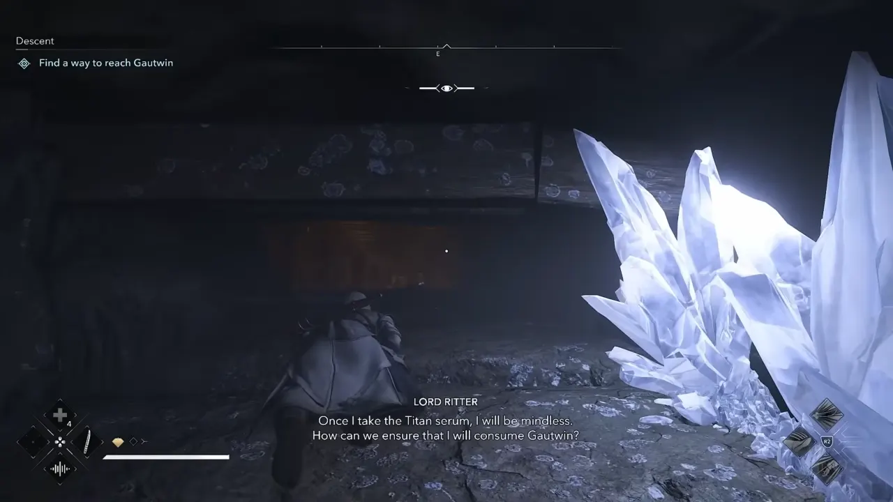 Naoe moving through small tunnel opening to crawl under the floorboards.