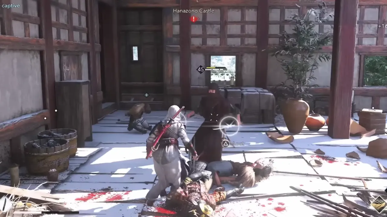 Naoe fighting castle guards to rescue Ada in AC Shadows