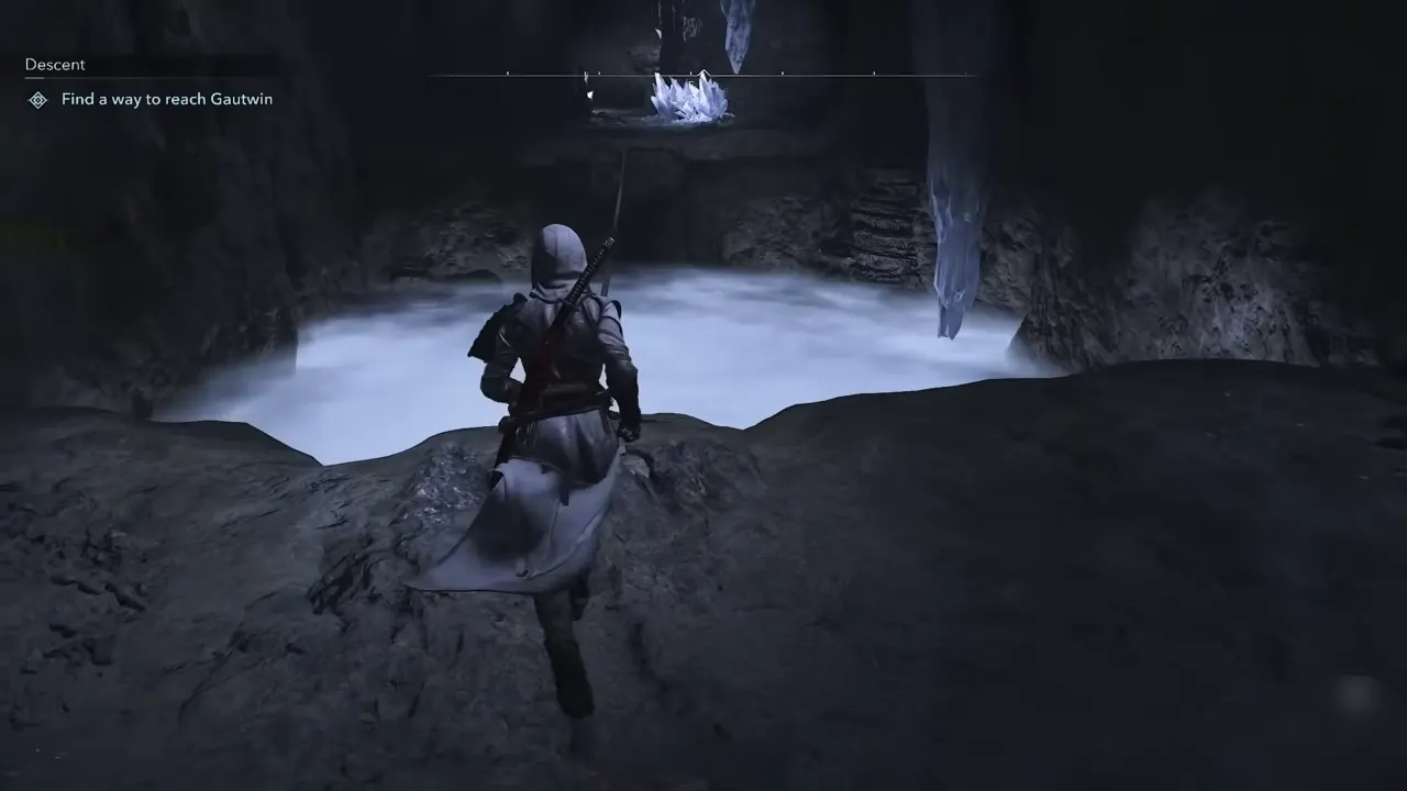 Naoe moving over the rope with fog below in AC Shadows