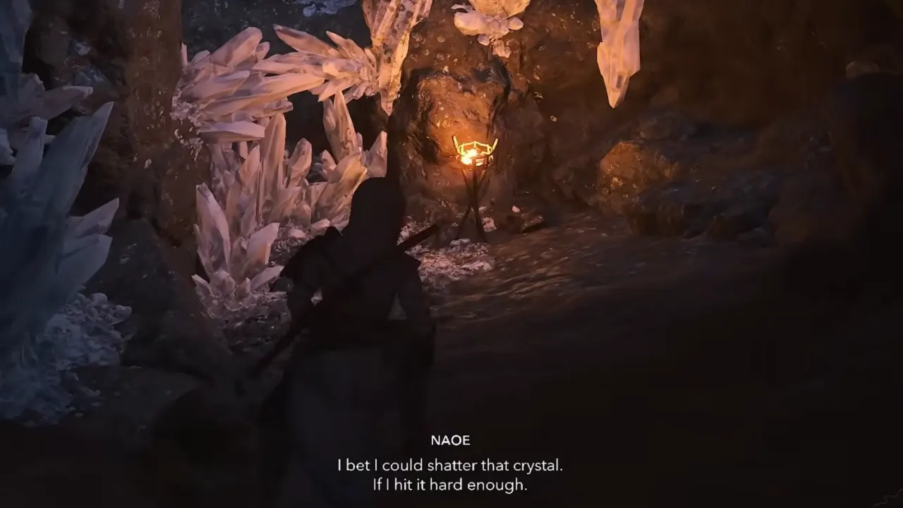 Naoe in front of crystals barrier in cave in Assassin's Creed Shadows