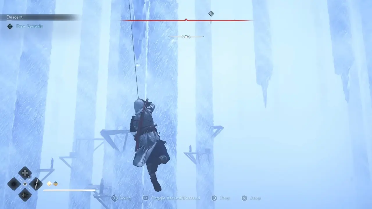Naoe swinging on the grappling hook to reach platforms in the AC Shadows Attack on Titan quest