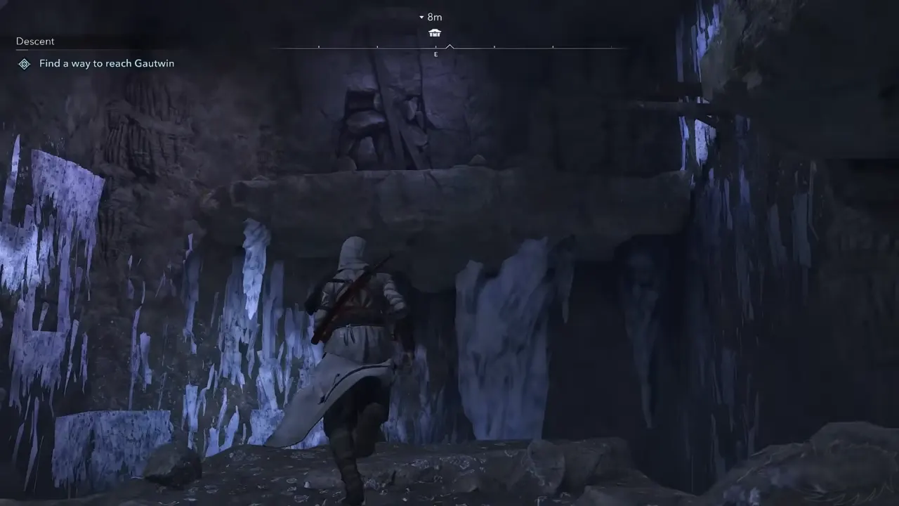 Reach higher platform and wooden beams by jumping to crystals wall in AC Shadows