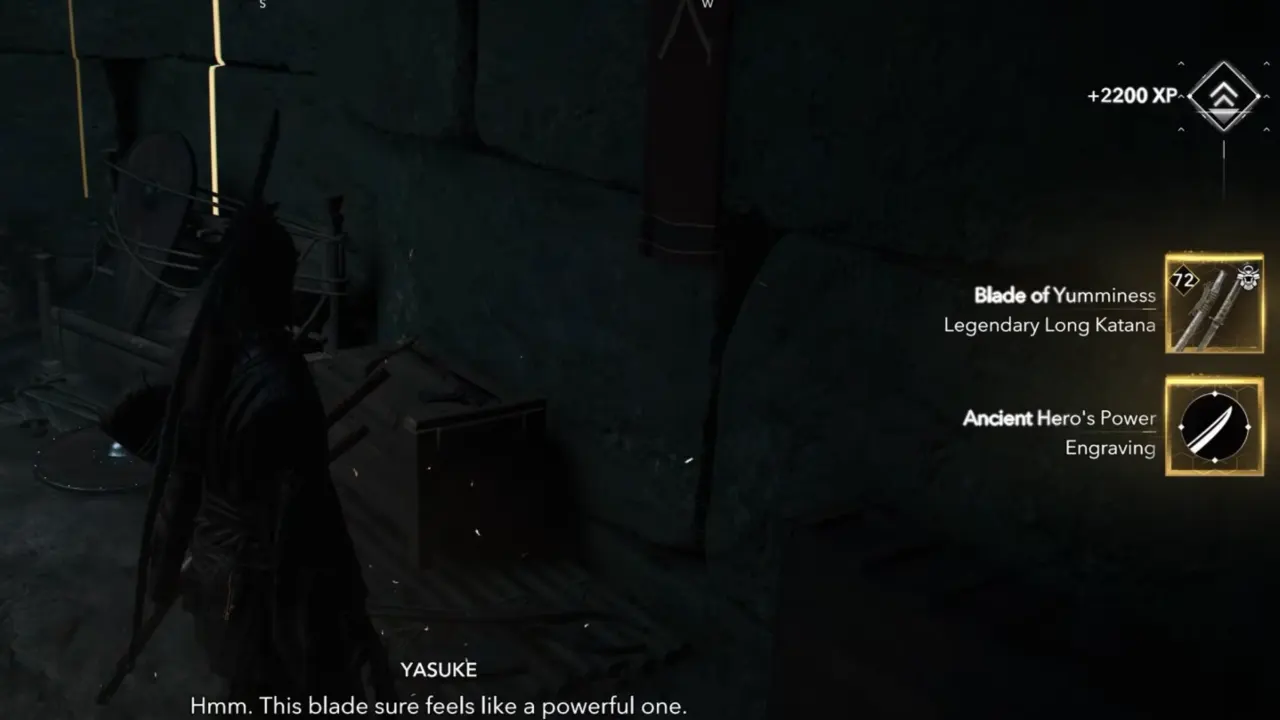 Received Blade of Yumminess Legendary Long Katana and Ancient Hero's Power Engraving in AC Shadows