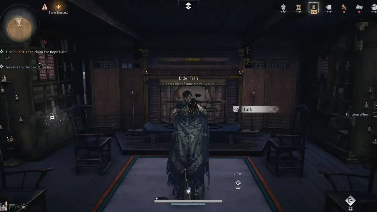 Talking to Elder Tian in martial hall in Where Winds Meet