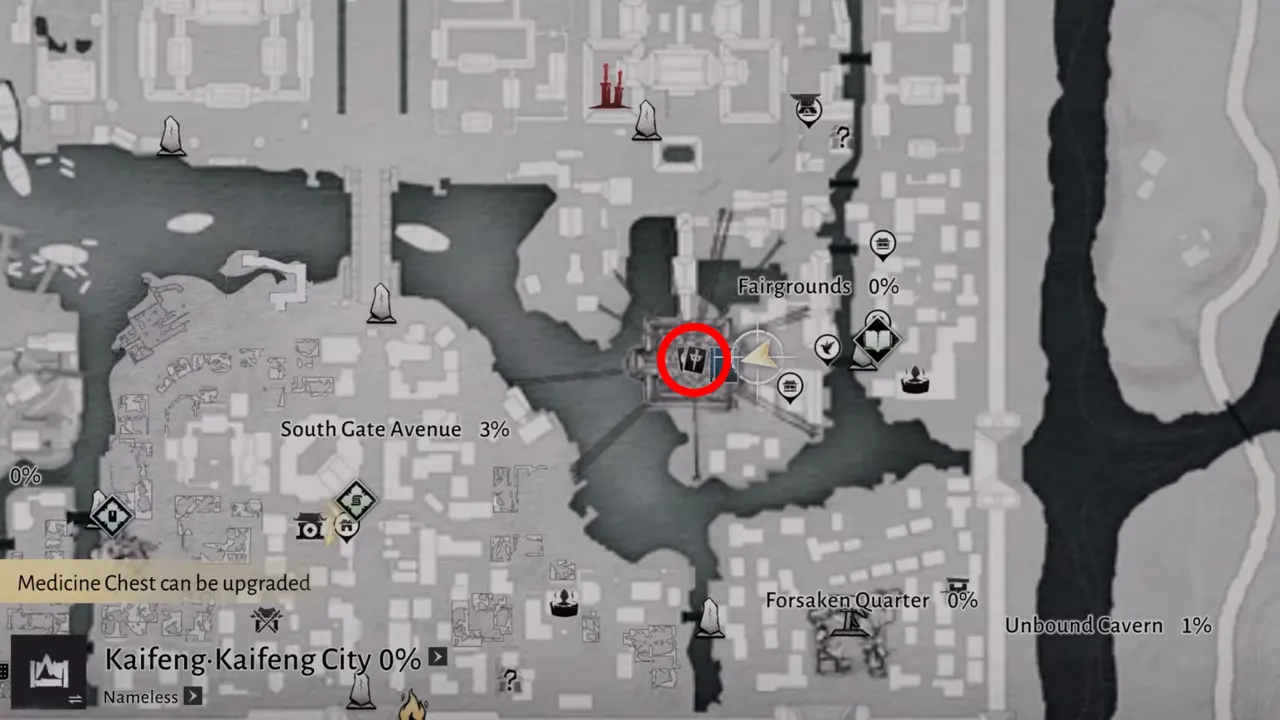 Where Winds Meet Kaifeng map with marked Beast Reverie location at Fairgrounds