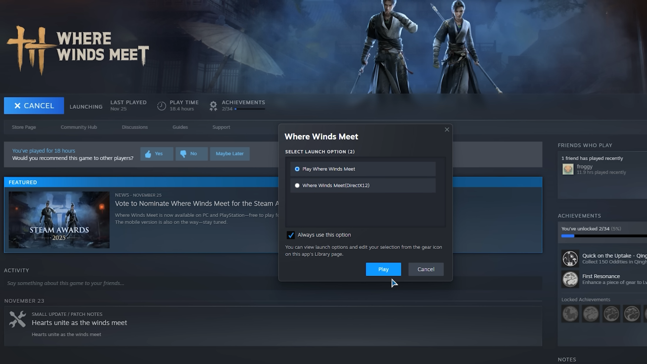 Where Winds Meet Steam DirectX Launch Options