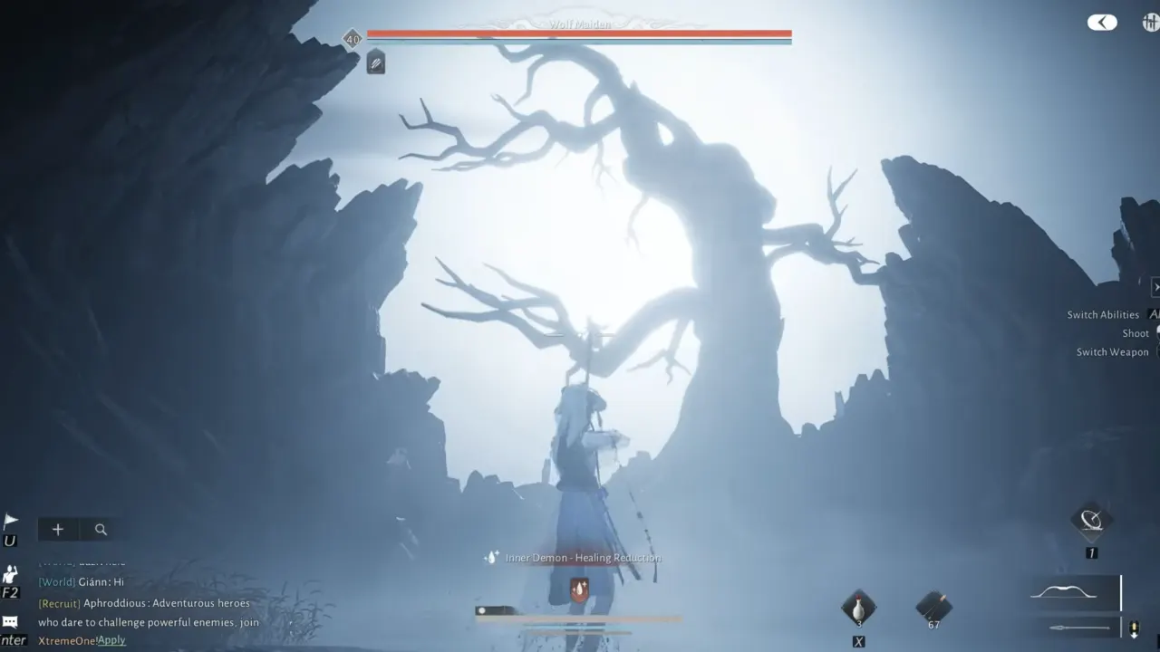 Where Winds Meet Wolf Maiden arena and she is on tree high above.