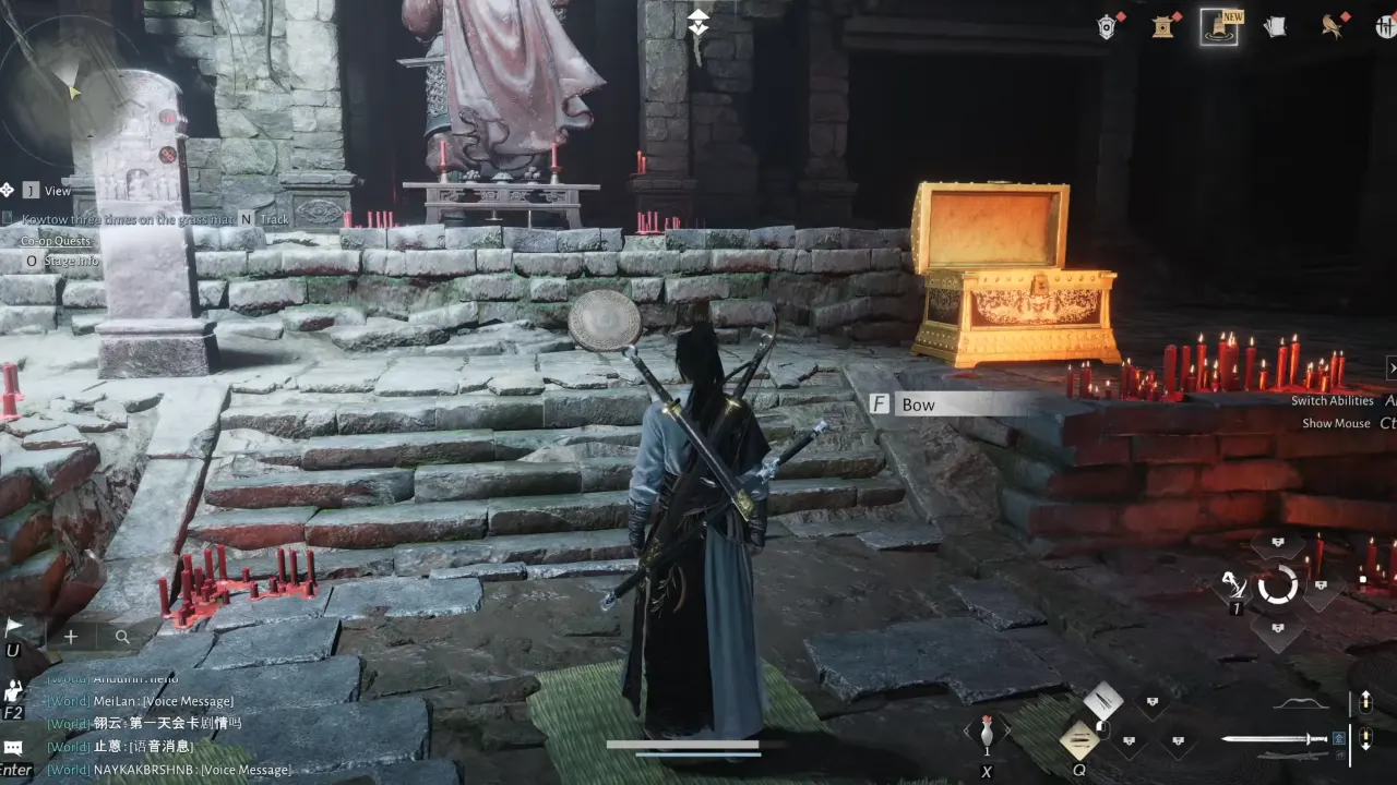 Character standing on grass mat for bow kowtow in where winds meet