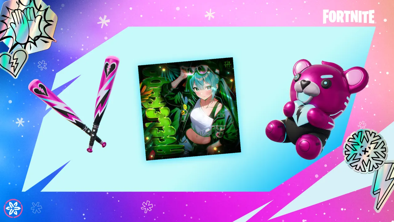 Fortnite image showing Cuddle Bats Pickaxe, ACELERADA Jam Track, and Cuddlebear Plushie Back Bling rewards