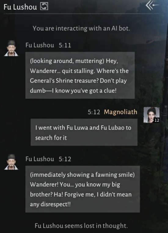Fu Lushou AI chat dialogues to befriend - Where Winds Meet