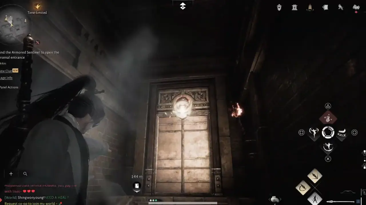 Character using Meridian Touch on knocker to open door.