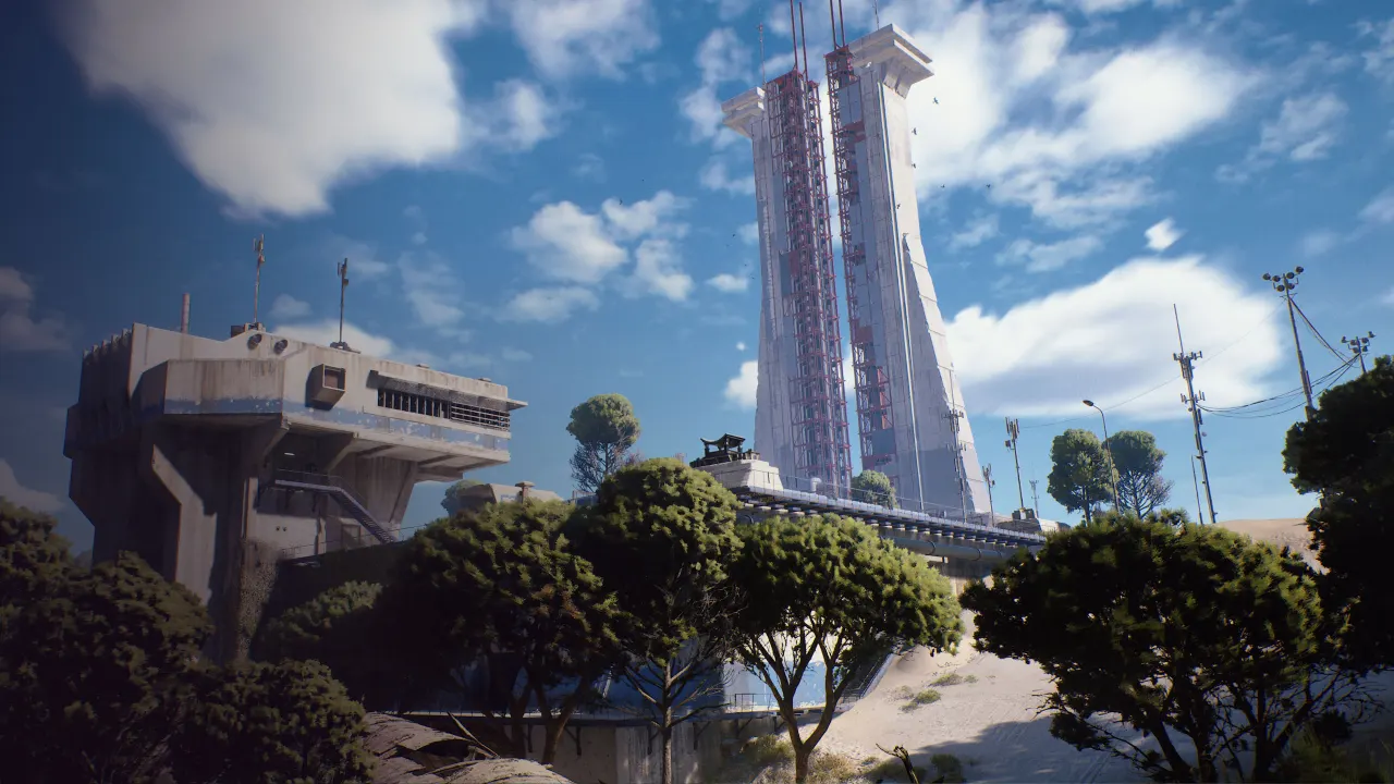 ARC Raiders Launch Towers from a distance side angle