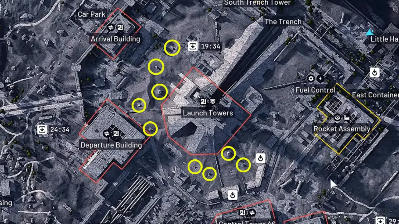 ARC Raiders all fuel cells spawn locations marked on the Spaceport map.