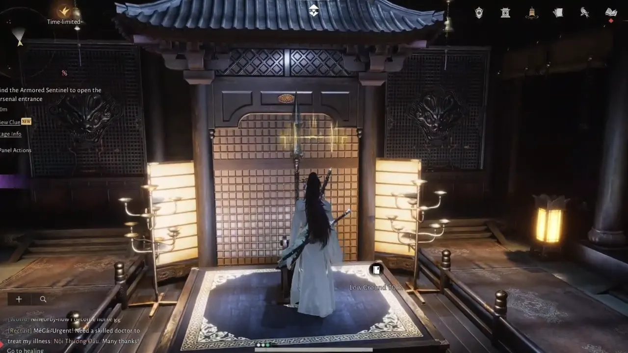 Character collecting the standing Silver Spear of Discipline from the left wing room.