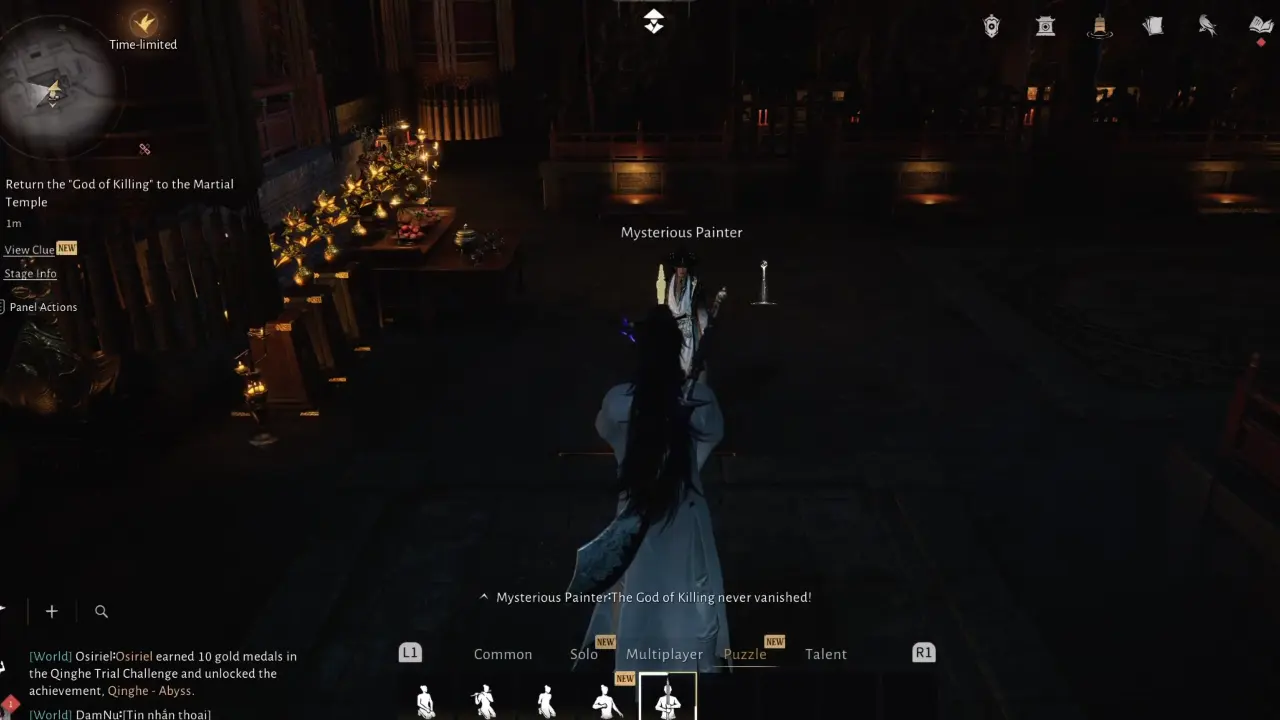 Character performing An Unholy Prophecy emote standing on platform at God of Killing's place.