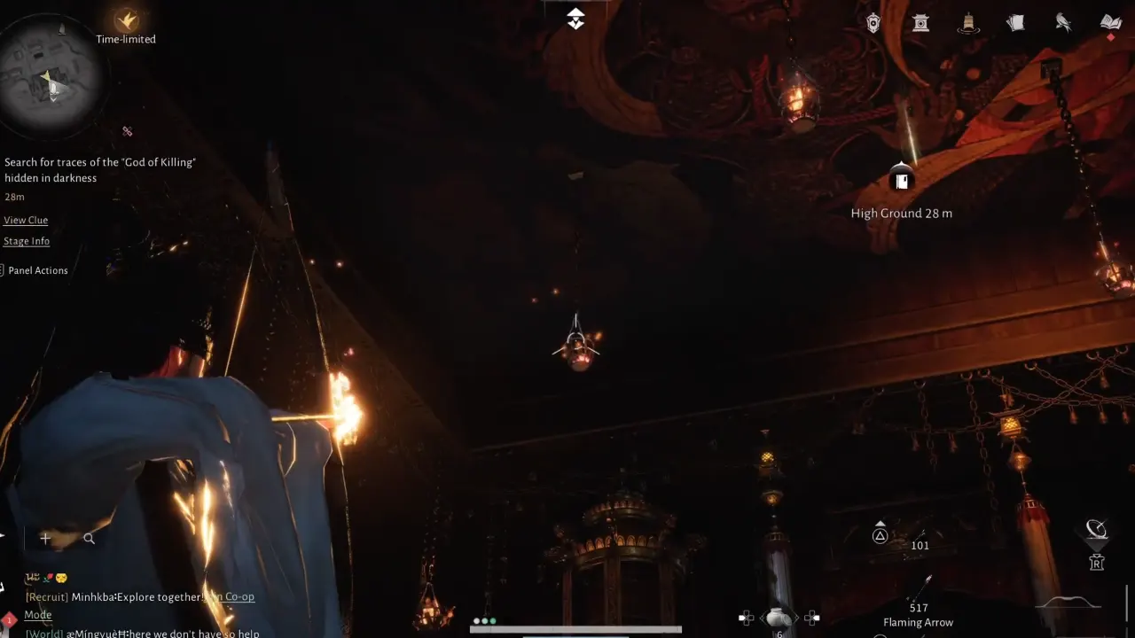 Character shooting hanging unlit brazier with a fire arrow