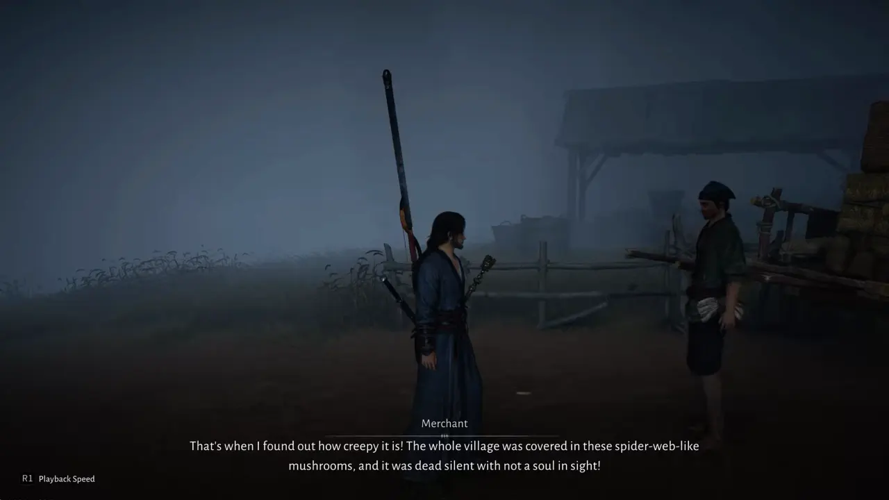 Character talking to merchant to start the Twelve Years of Feud quest.