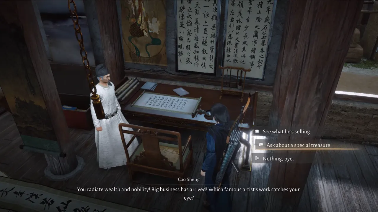 Character buying Seasonal Edge pages from Cao Sheng in Where Winds Meet