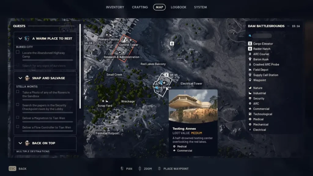 Dam Battlegrounds map showing location to find Laboratory Reagent in Arc Raiders