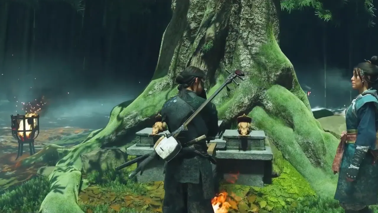 Atsu examining the pedestral in front of fox statues in Ghost of Yotei