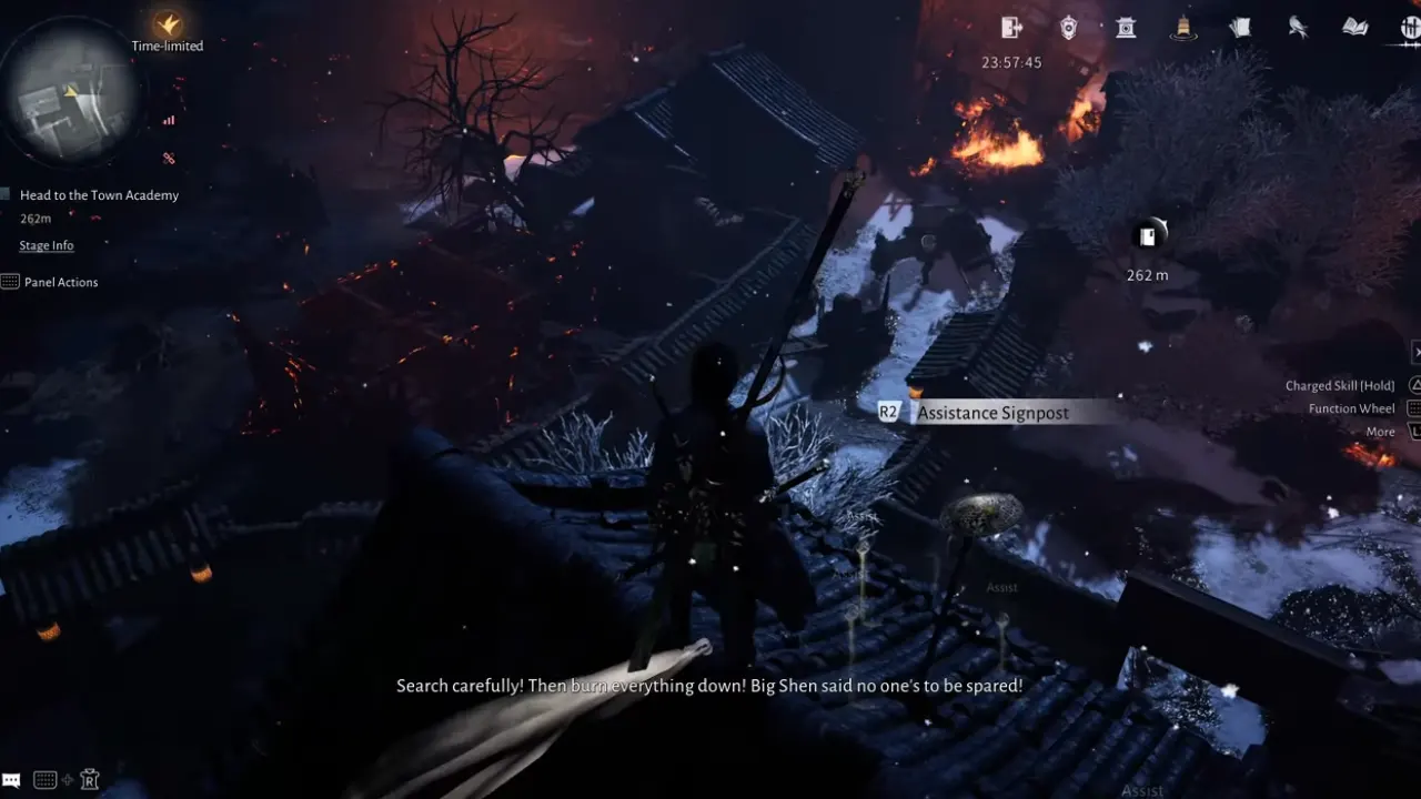 Examining the village situation below from higher roof.