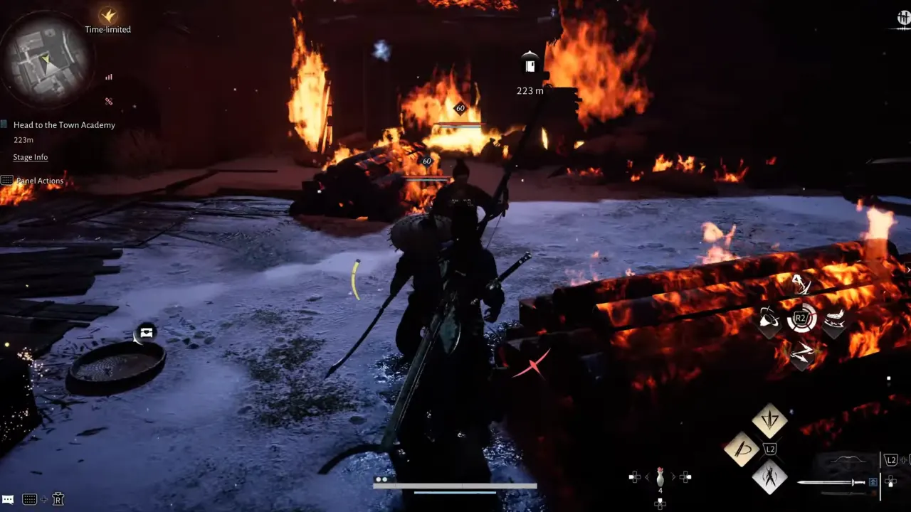 Bandits fight scene in burned village.