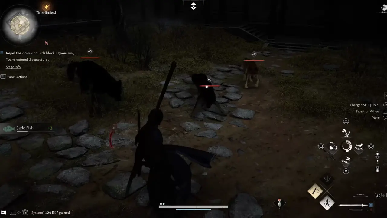 Fighting with hounds in shrine courtyard