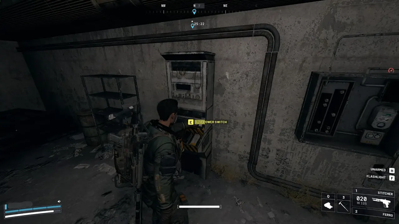 Flip the power switch in the ground floor room.