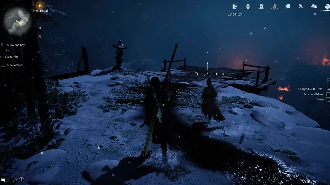 Character following Shen Yilun towards burned village on the cliff.