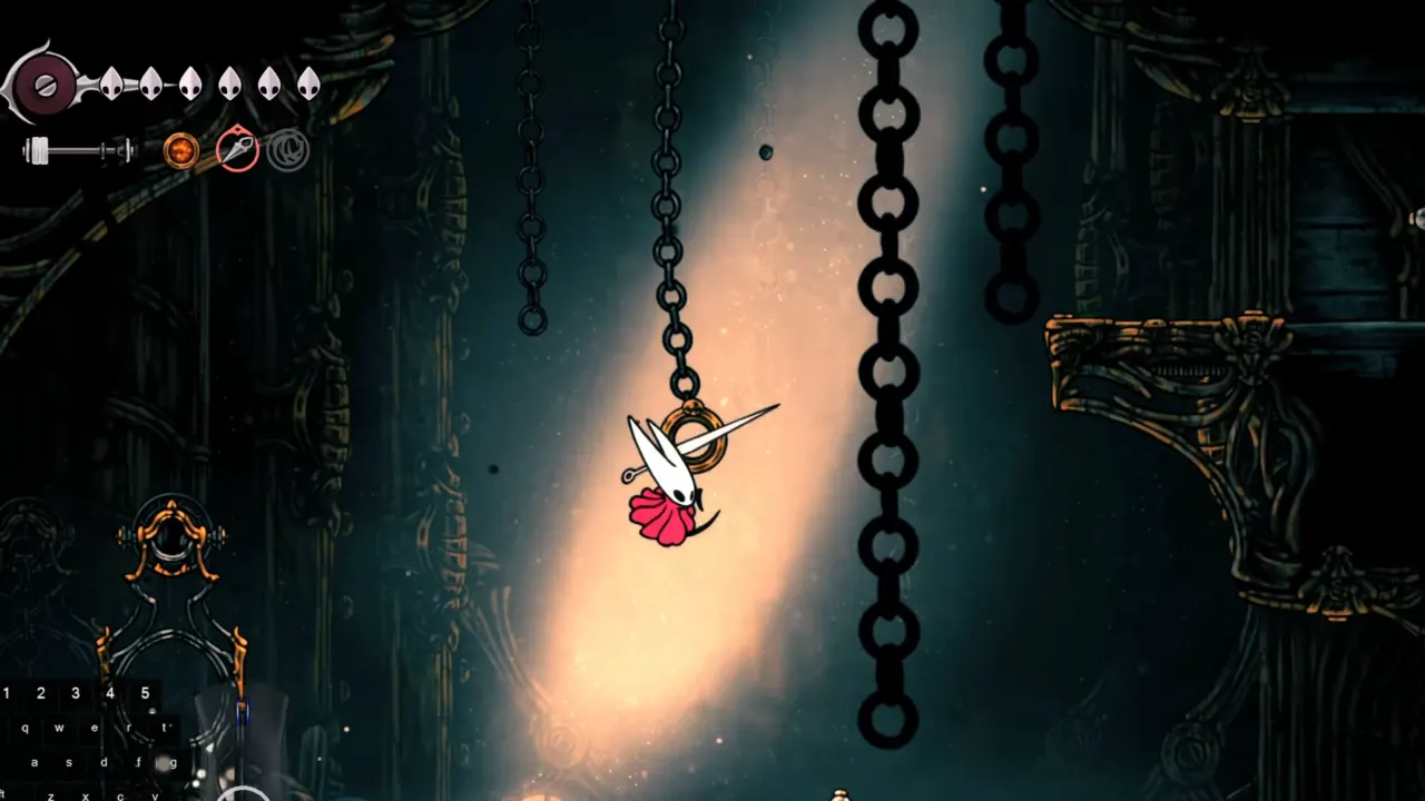 Hornet latched on ring in Silksong