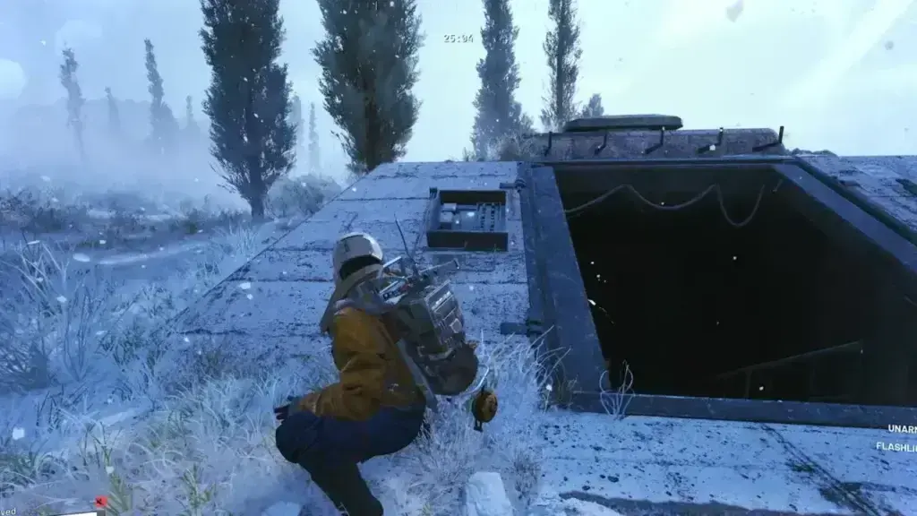 Character under snowfall outside on the bunker roof.