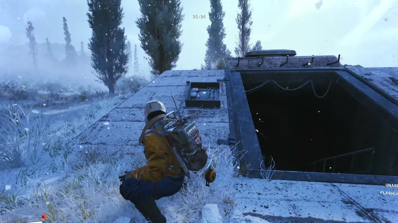 Character under snowfall outside on the bunker roof.