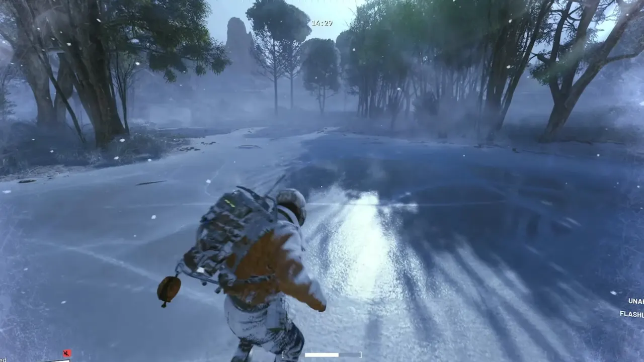 Raider out in the open in snowfall.