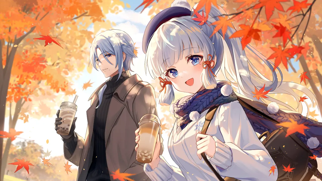 Closeup of two Genshin Impact characters with orange leaves on background.