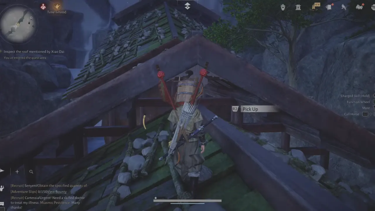 Picking up fox doll from the house rooftop