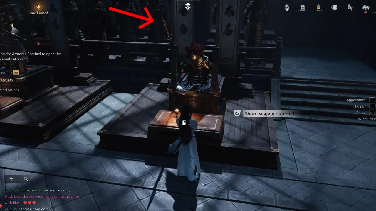 Placed the long spear beside armor set in the arsenal hall.