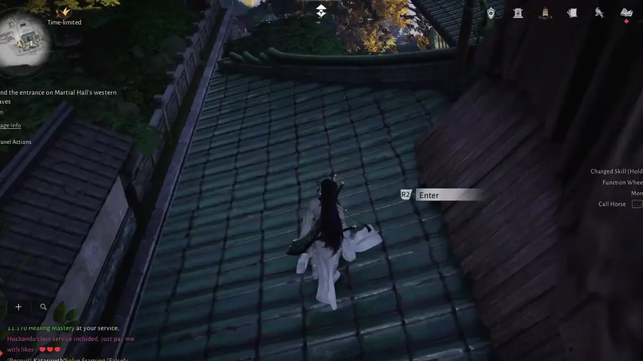 Quest marker on temple rooftop to enter the Martial Hall