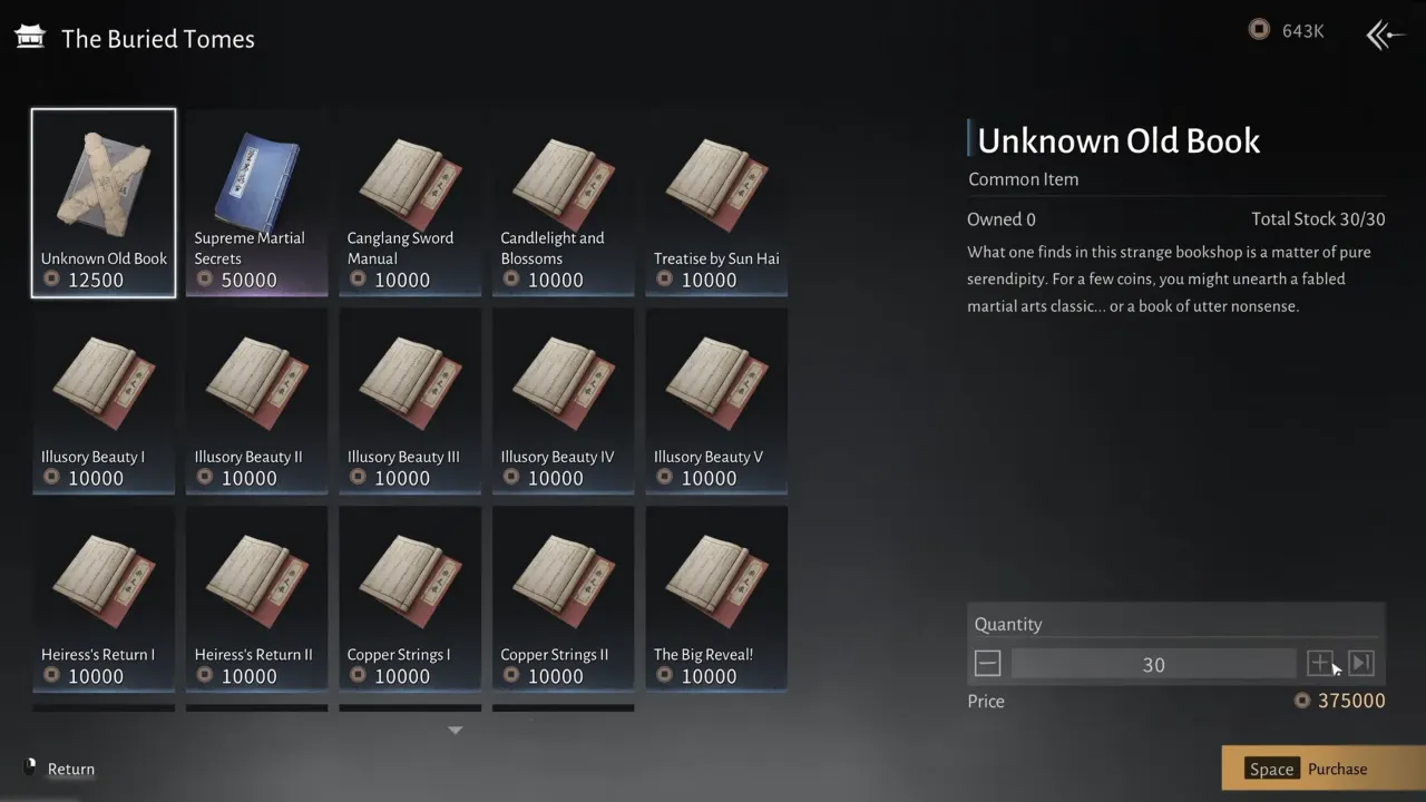 Where Winds Meet Image showing shop's items menu to buy Unknown Old Book