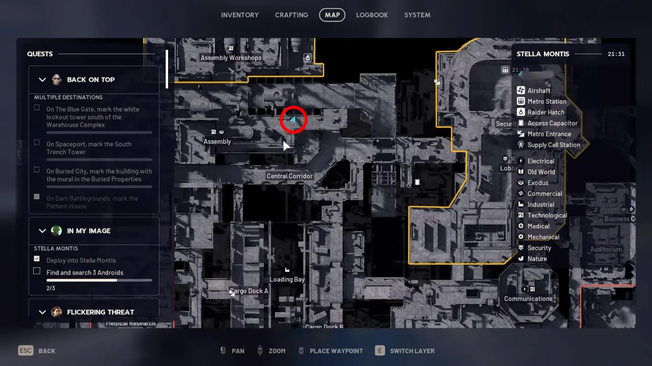 ARC Raiders Stella Montis map showing Assembly Admin room location to use key.