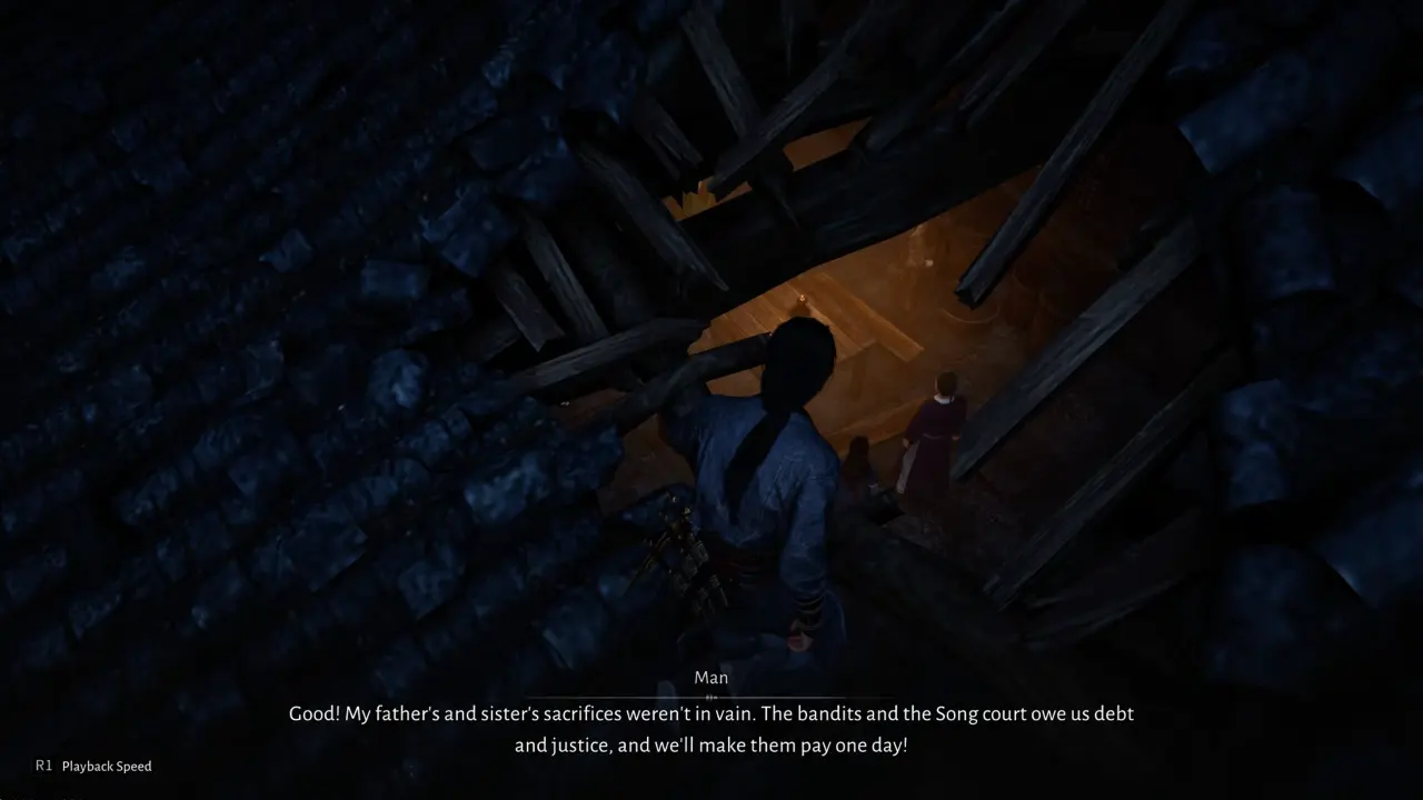 Character eavesdropping on villagers conversation from rooftop.