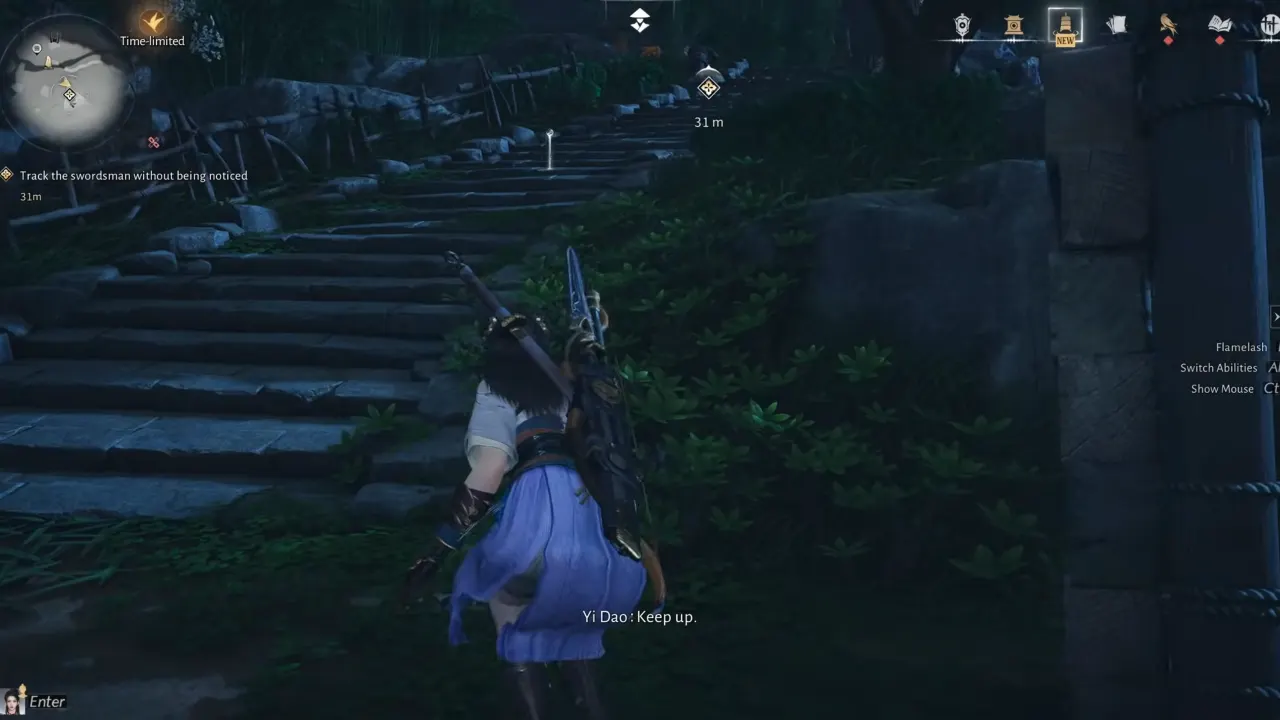 Sneakly track the swordsman like this without being noticed.