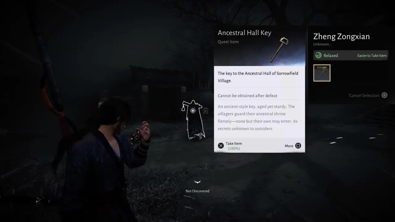 Scene of stealing the Ancestral Hall Key from chief using Celestial Seize.